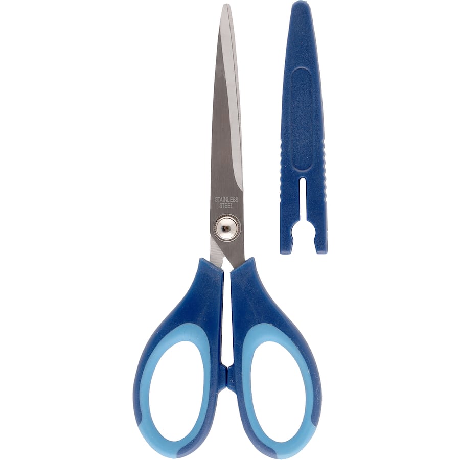 Precision purpose scissors with sharp stainless steel blades, ergonomic grip, and protective cover for versatile cutting tasks.