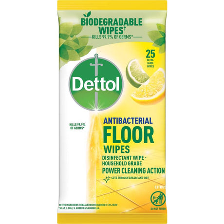 Dettol Antibacterial Floor Wipes in citrus scent for tough dirt removal, killing 99.9% of germs on hard surfaces.
