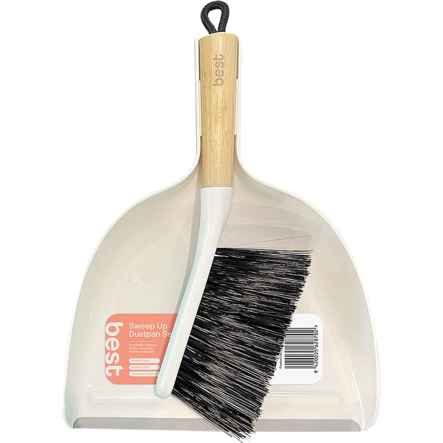 Ergonomic dustpan set with wide mouth and rubber edge for efficient cleaning on all floor types.
