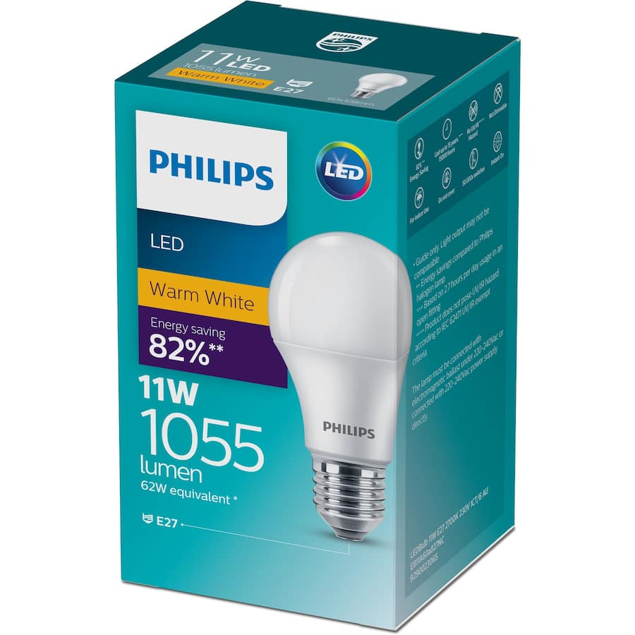 Philips 11W LED screw light bulb emitting 1055 lumens of warm white (2700K) light, energy-efficient and long-lasting.