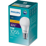 Philips 11W LED screw light bulb, 1055 lumens, 2700K warm white glow, energy-efficient with 15,000-hour lifespan.