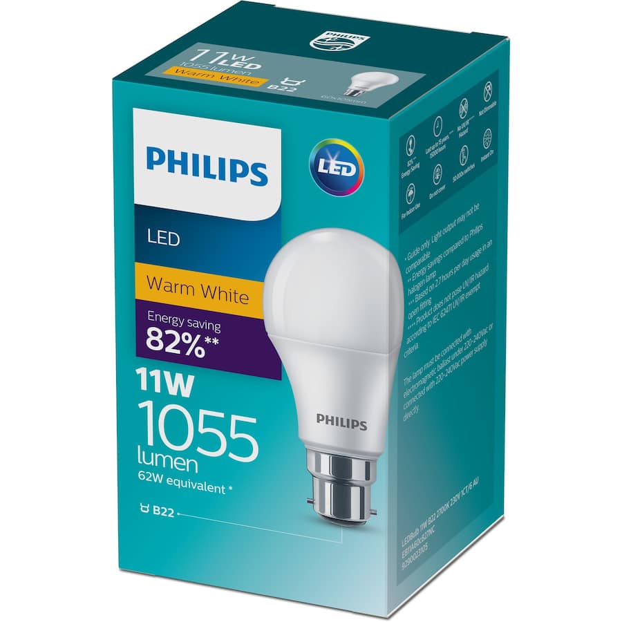 Philips 11W Bayonet LED Light Bulb emitting 1055 lumens of warm white light for energy-efficient indoor lighting.