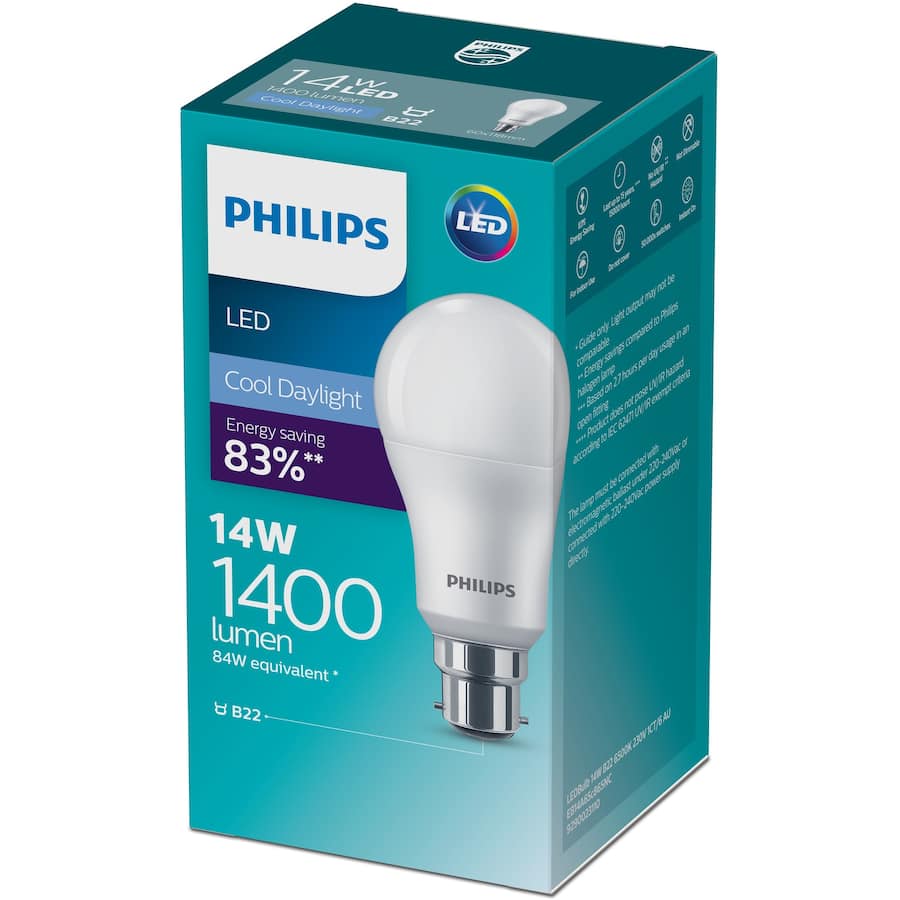 Philips 14W Bayonet LED bulb, 1400 lumens of cool daylight at 6500K, energy-efficient with 15,000-hour lifespan.