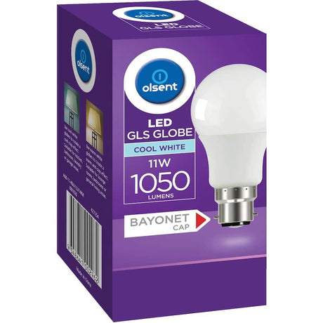 Olsent Bayonet LED Light Bulb 11W 1050 lumens, cool white, energy-efficient replacement for traditional bulbs.