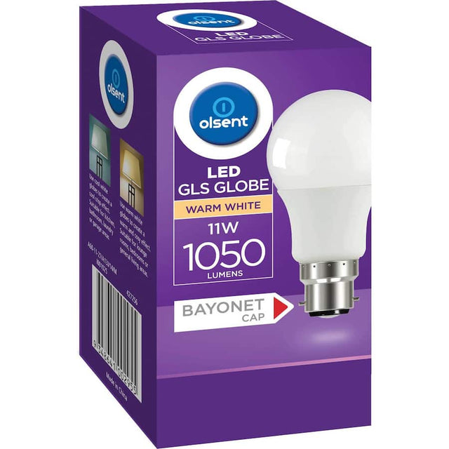 Olsent 11W bayonet LED bulb delivering 1050 lumens of warm white light, perfect for cozy home environments.