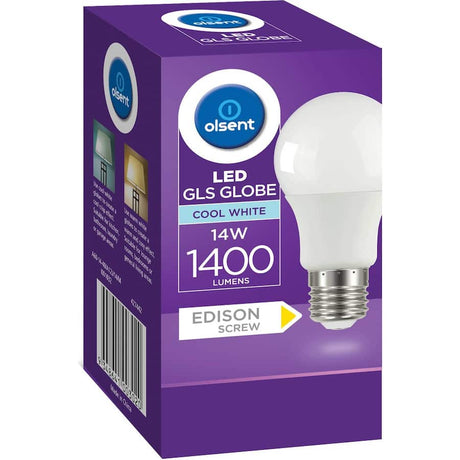 Olsent LED screw light bulb 14W, 1400 lumens, cool white glow, energy-efficient for indoor and outdoor use.