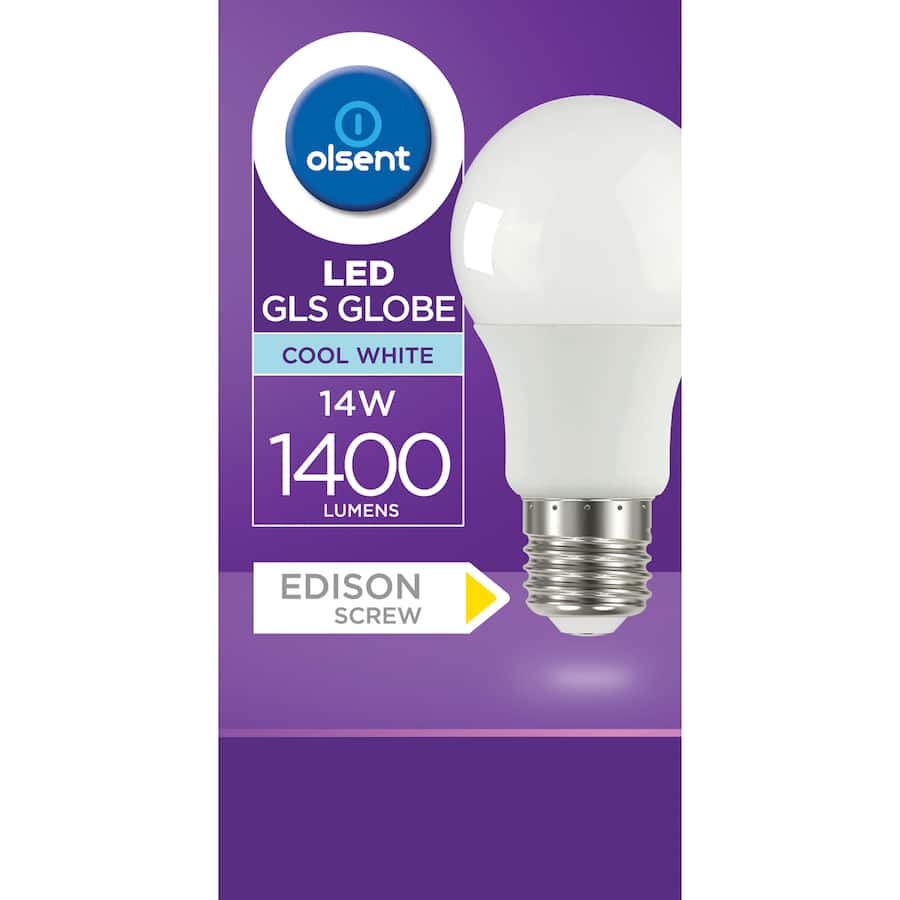 Olsent 14W LED screw light bulb delivering 1400 lumens of cool white light for efficient home illumination.