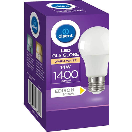 Olsent 14W LED screw light bulb emitting 1400 lumens of warm light, ideal for cozy atmospheres in homes and offices.