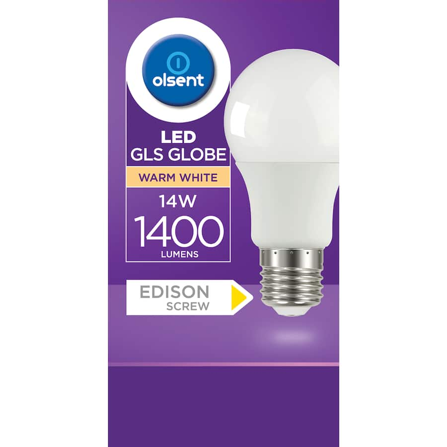 Olsent 14W LED screw light bulb emitting 1400 lumens of warm white light, ideal for cozy home and office spaces.