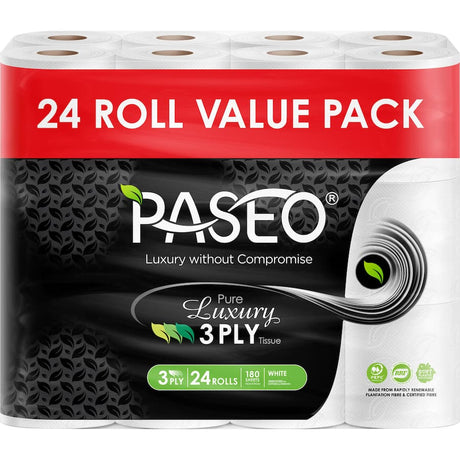 Paseo Luxury Toilet Paper 24pk features soft 3-ply sheets, eco-friendly fibers, and a velvety finish for a premium bathroom experience.