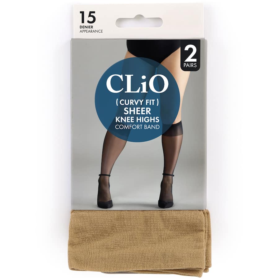 Clio Curvy Knee Highs in Natural, 15 denier, sheer style with comfort band and reinforced toe for all-day elegance and fit.