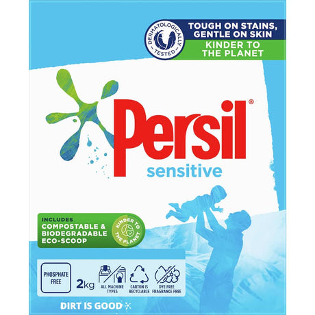 Persil Sensitive laundry powder for front and top loaders, stain-fighting, safe for sensitive skin, and eco-friendly.