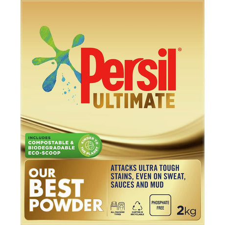 Persil Ultimate Laundry Powder for front and top loaders, tough on stains with eco-friendly, biodegradable ingredients.