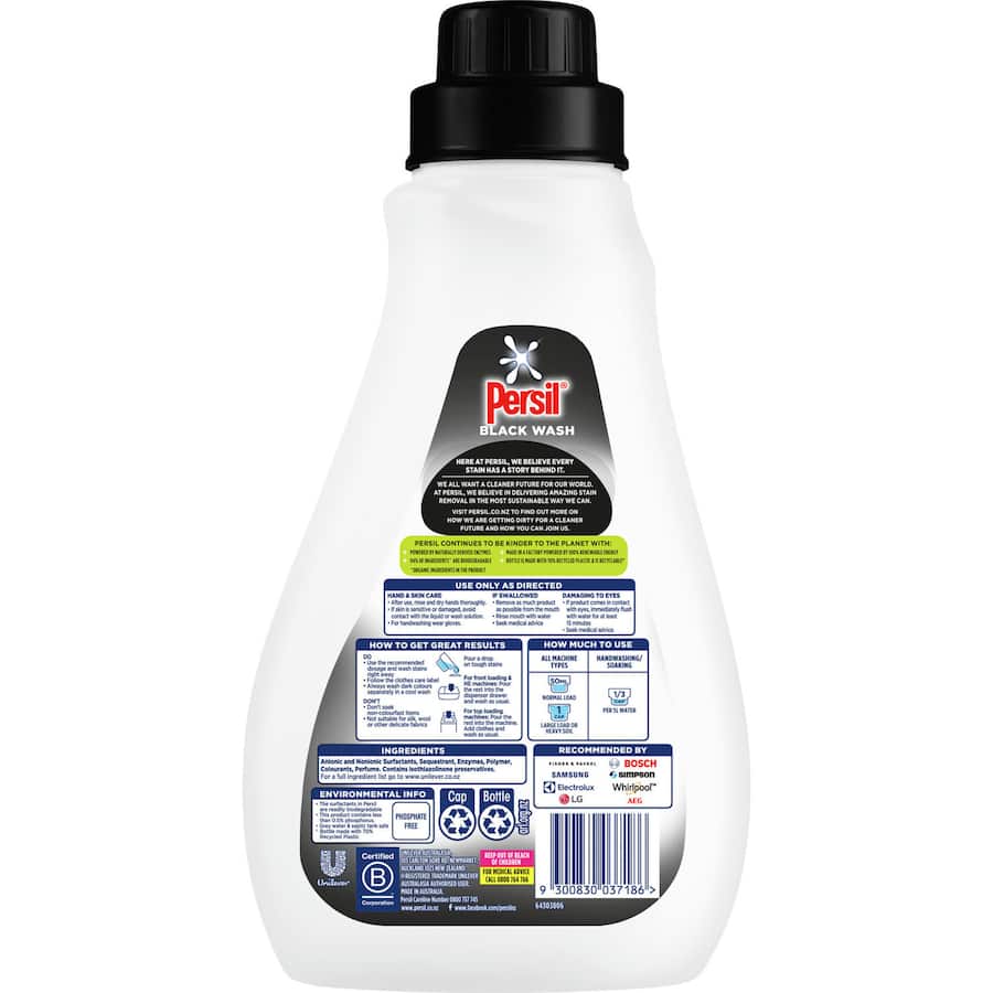 Persil Front & Top Loader Laundry Liquid Black Wash effectively removes stains while preserving dark colors in a recyclable bottle.
