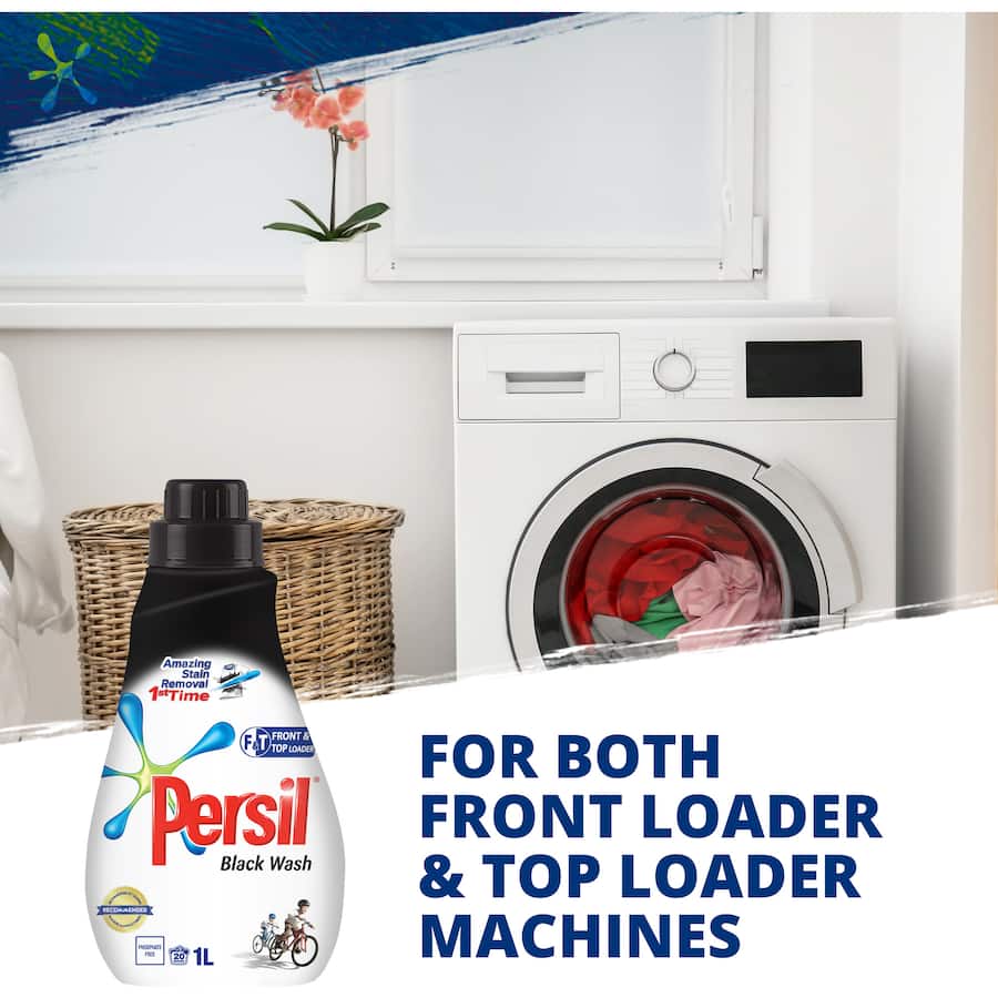 Persil Black Wash liquid detergent in a recyclable bottle, designed for tough stain removal while preserving dark colors.