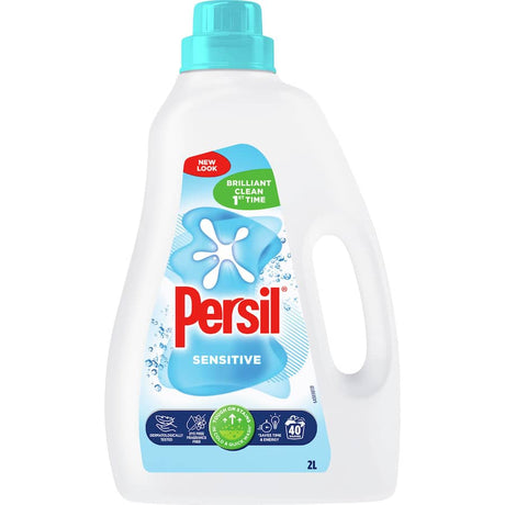 Persil Sensitive laundry liquid in a recyclable bottle, designed for tough stain removal and gentle on sensitive skin.