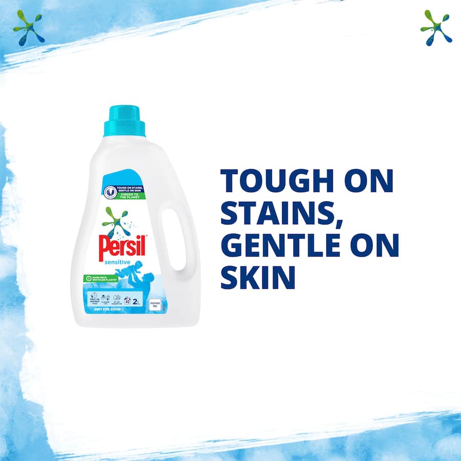 Persil Laundry Liquid Sensitive: tough on stains, gentle on skin, fragrance-free, and eco-friendly in a recyclable bottle.