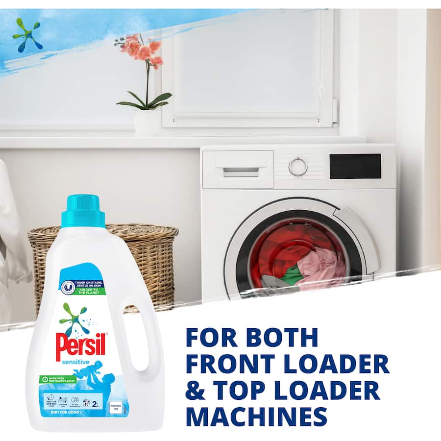 Persil Sensitive Laundry Liquid in a recyclable bottle, great for tough stains and gentle on sensitive skin.