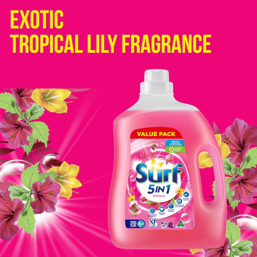 Surf Tropical Liquid Washing Detergent for 80 washes, 5-in-1 formula, floral scent, eco-friendly packaging.