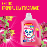 Surf Tropical Liquid Washing Detergent for 80 washes, 5-in-1 formula, floral scent, eco-friendly packaging.