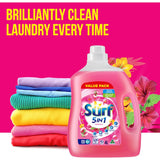 Surf Tropical Liquid Washing Detergent bottle designed for 80 washes, featuring a 5-in-1 formula for vibrant scents and superior cleaning.