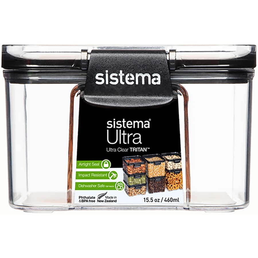 Clear Tritan container with easy-locking clips, ideal for fresh food storage, dishwasher safe, and stackable for organized kitchens.