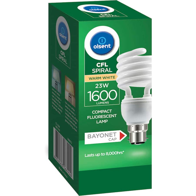 Olsent Bayonet CFL Spiral 23W bulb providing warm white light, energy-efficient with a classic design and 10,000-hour lifespan.