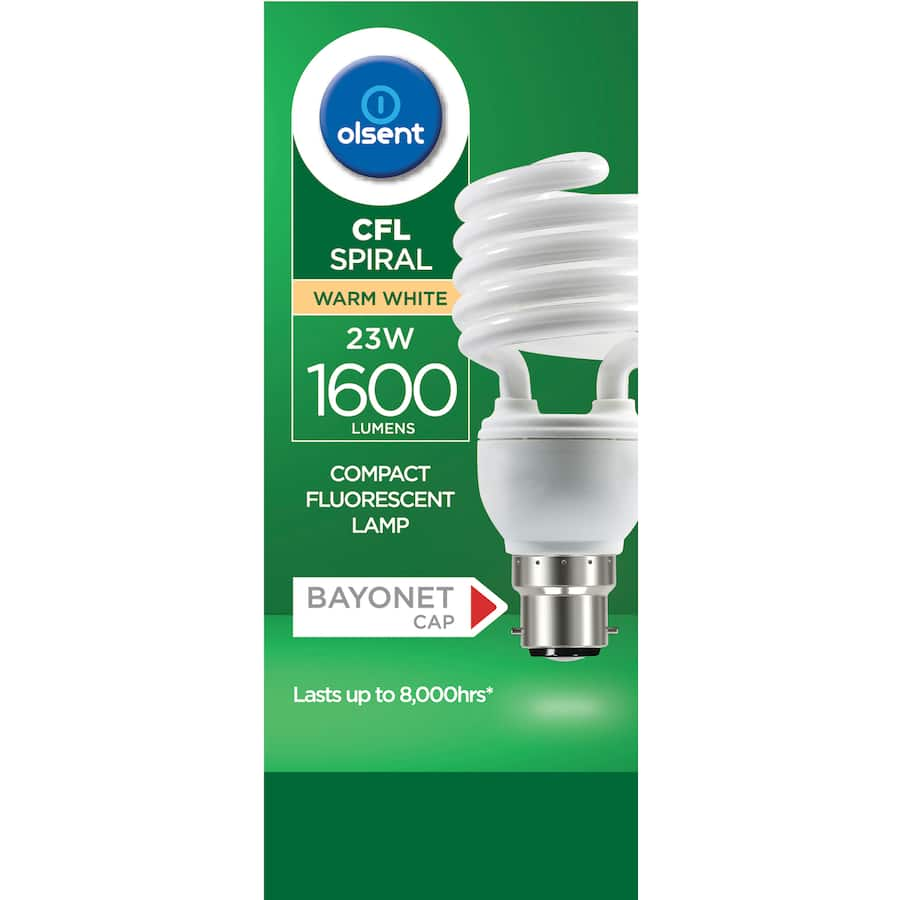 Olsent Bayonet CFL spiral light bulb, 23W, warm white glow, energy-efficient, long-lasting, ideal for home and office use.