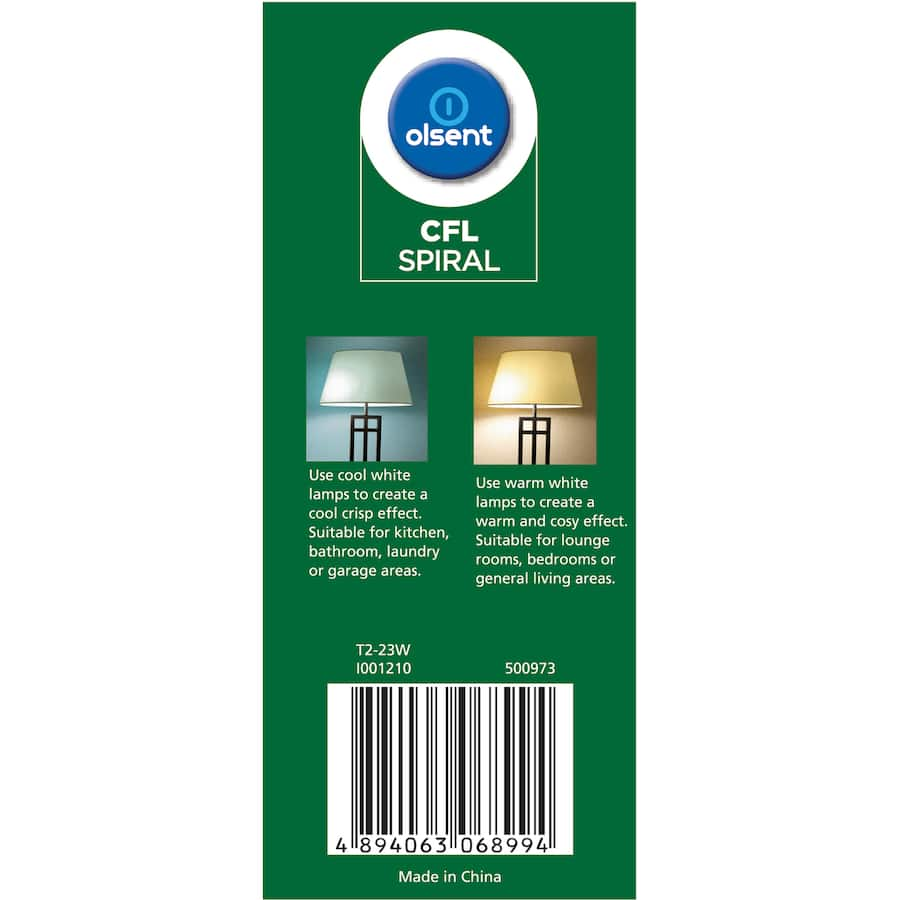 Olsent Bayonet CFL Spiral 23W bulb, warm white light, energy-efficient, 100W equivalent, ideal for home and office use.