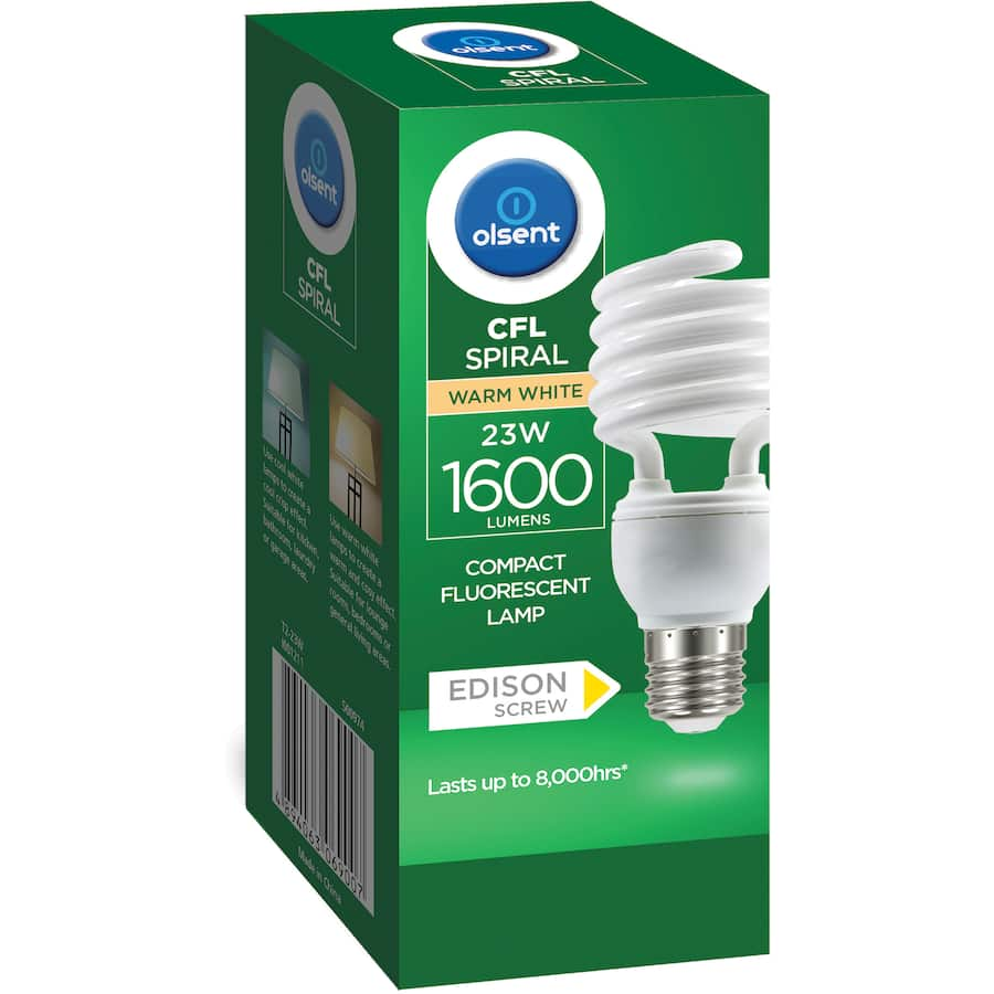 Olsent 23W CFL spiral light bulb emitting warm white light, energy-efficient with standard screw fitting, ideal for cozy spaces.