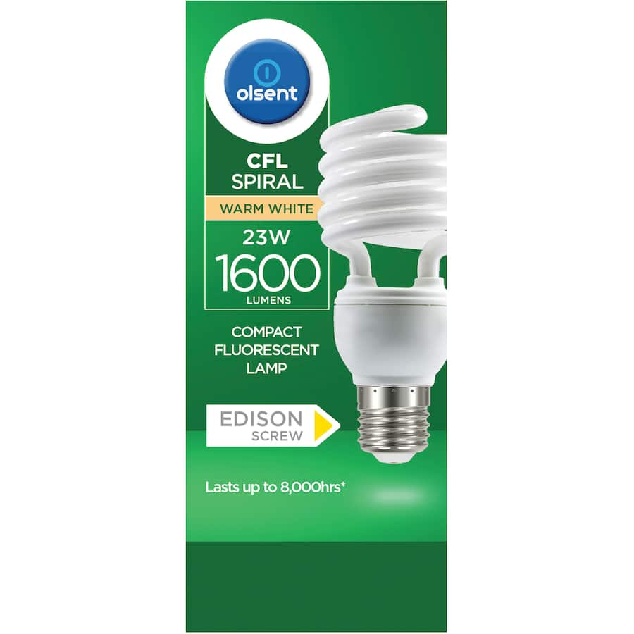 Olsent 23W CFL spiral light bulb provides warm white light for energy-efficient and cozy lighting in any space.