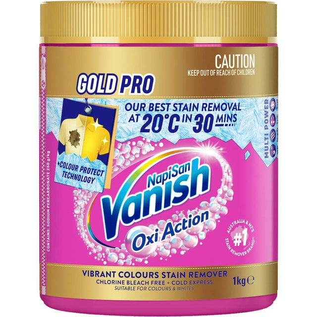 Vanish Napisan Oxi Action Gold powder effectively removes stains, preserving vibrant colors and fabric integrity in laundry.