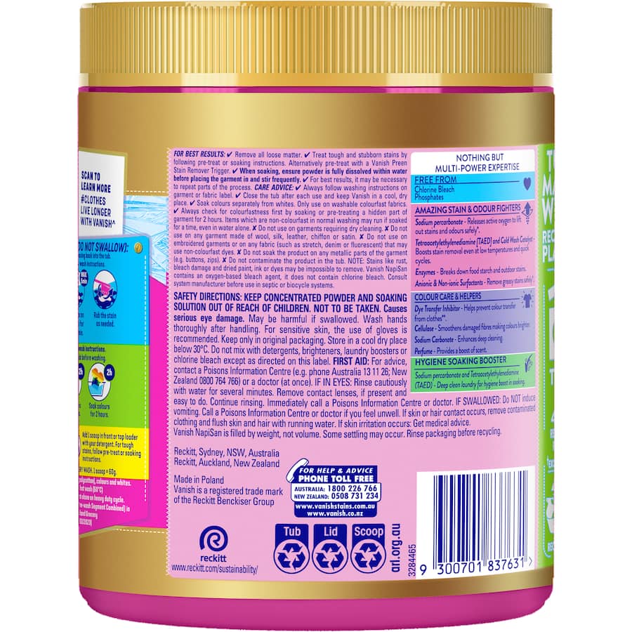 Vanish Napisan Oxi Action Gold stain remover powder effectively eliminates tough stains while preserving fabric vibrancy.