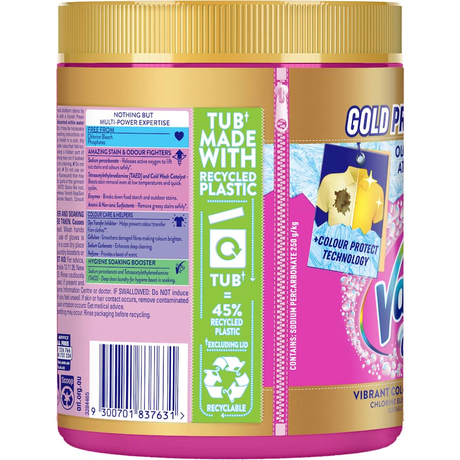 Vanish Napisan Oxi Action Gold stain remover powder for vibrant colors, effectively lifts tough stains with advanced Oxi Action technology.