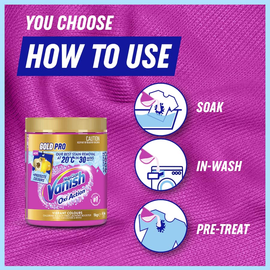 Vanish Napisan Oxi Action Gold stain remover powder effectively lifts tough stains while preserving fabric brightness.