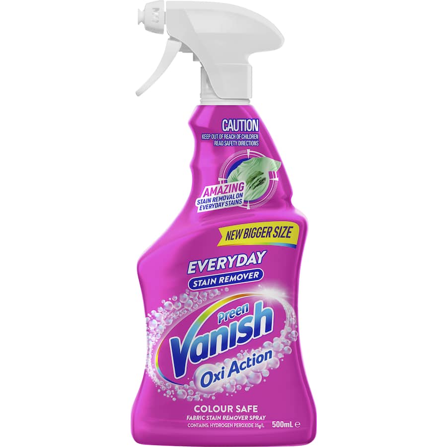 Vanish Preen Oxi Action stain remover spray efficiently tackles tough stains while preserving vibrant colors in fabrics.