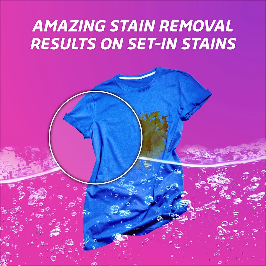 Vanish Preen Oxi Action Stain Remover Spray, color safe, tackles tough stains like dirt, sweat, and food grease effortlessly.