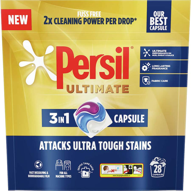 Persil Ultimate Laundry Capsules feature 3 in 1 technology to powerfully remove tough stains while keeping colors bright.