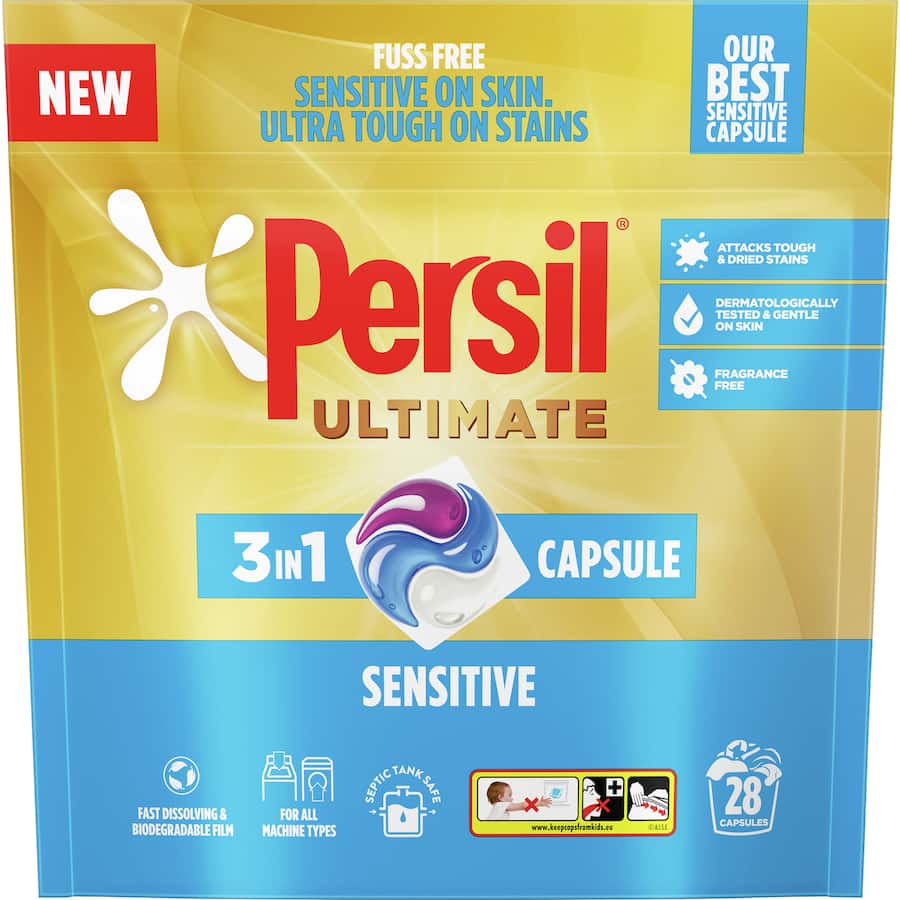 Persil Ultimate Laundry Capsules Sensitive: fragrance-free, 3-in-1 formula, dermatologist-tested for gentle, effective cleaning.
