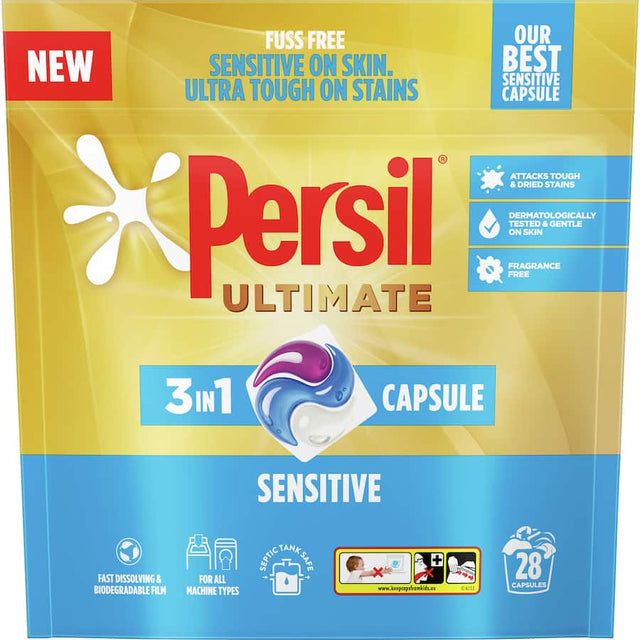 Persil Ultimate Laundry Capsules Sensitive: fragrance-free, 3-in-1 formula, dermatologist-tested for gentle, effective cleaning.