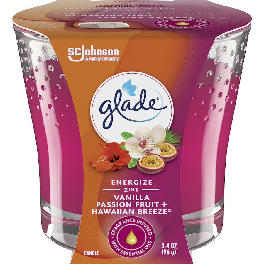 Glade 2 In 1 Scented Candle features tropical aromas of passion fruit, pineapple, and mango for a refreshing, uplifting ambiance.