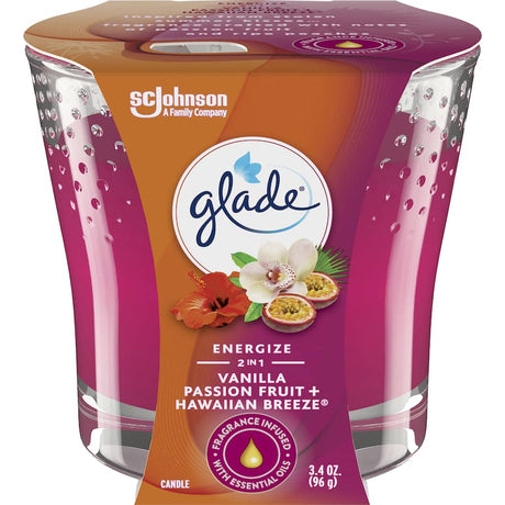Glade 2 In 1 Scented Candle features tropical aromas of passion fruit, pineapple, and mango for a refreshing, uplifting ambiance.