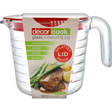 Clear borosilicate glass jug with splatter-proof lid, designed for measuring, microwaving, and straining liquids efficiently.