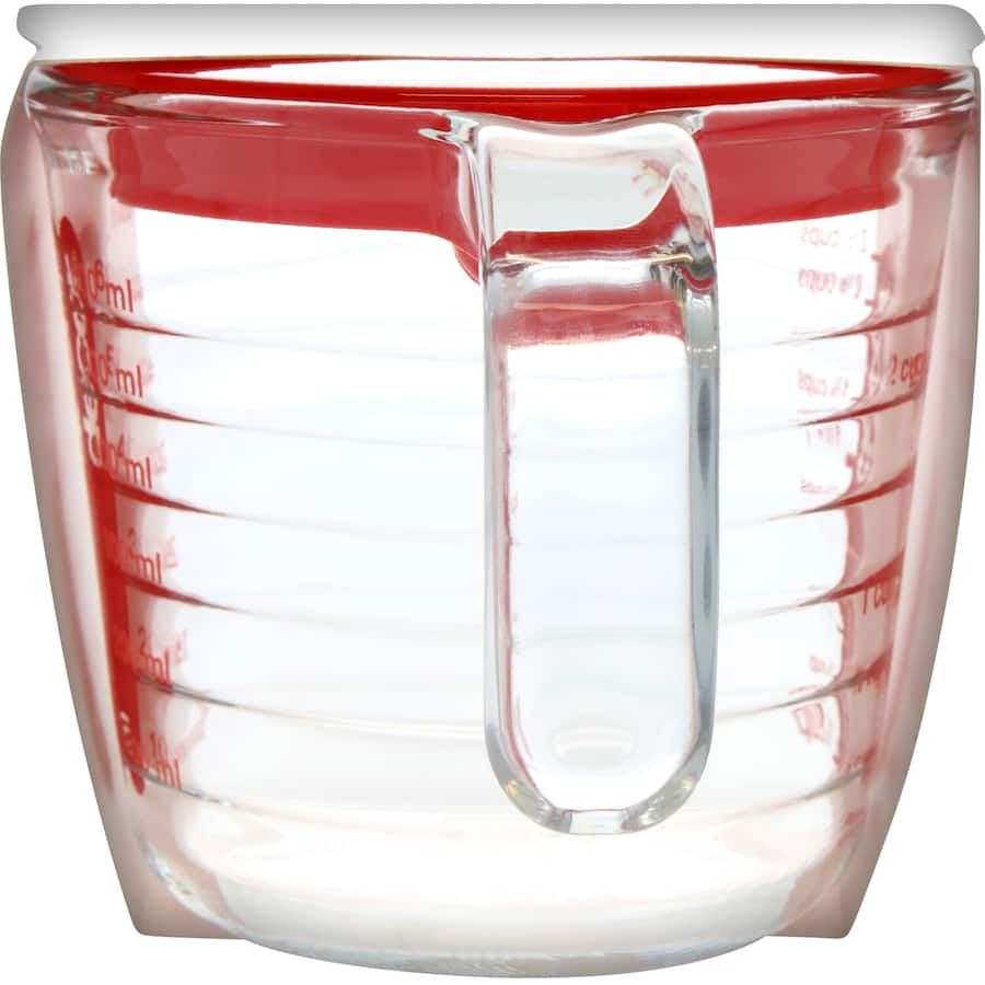 Borosilicate glass measuring jug with splatter-proof lid, featuring strain, store, and pour openings for versatile kitchen use.
