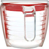 Borosilicate glass measuring jug with splatter-proof lid, featuring strain, store, and pour openings for versatile kitchen use.