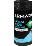 Extra wide 56L Armada rubbish bags with drawstrings, perfect for easy waste disposal and secure handling, 20-pack.