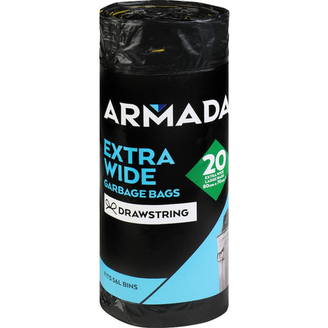 Extra wide 56L Armada rubbish bags with drawstrings, perfect for easy waste disposal and secure handling, 20-pack.