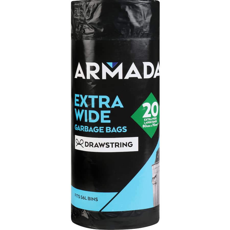 Extra wide 56L drawstring rubbish bags, durable for heavy-duty waste disposal, perfect for home or office cleanup.