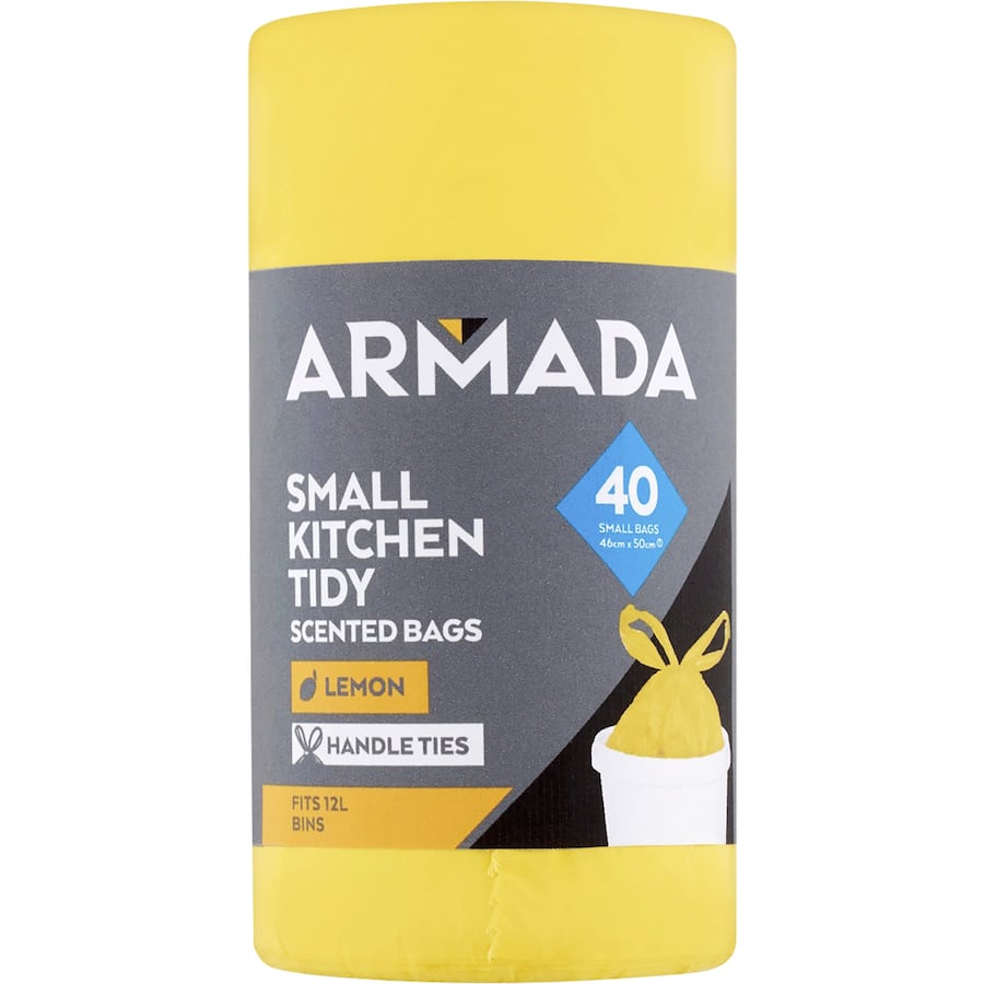Pack of 40 biodegradable kitchen tidy bags in lavender or lemon scents, designed to fit 12L bins and keep kitchens fresh.
