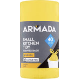 Pack of 40 biodegradable kitchen tidy bags in lavender or lemon scents, designed to fit 12L bins and keep kitchens fresh.